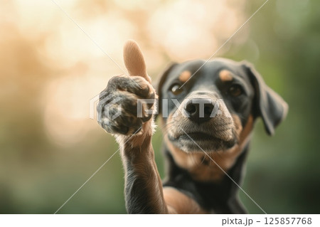 Dog showing thumbs up approval, symbol of honesty and trust check sign 125857768