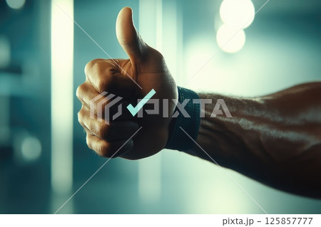 Sportsman showing thumbs up, approval, symbol of honesty and trust, check sign 125857777