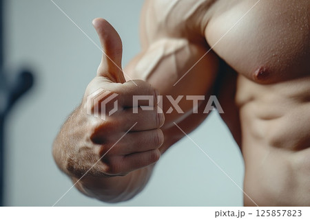 Sportsman showing thumbs up, approval, symbol of honesty and trust, check sign 125857823