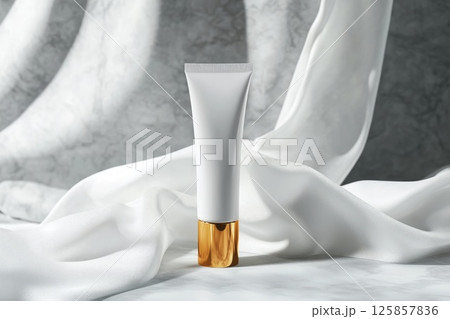 Package beauty cosmetic tube white, cream, gold color and pearls mockup template 125857836