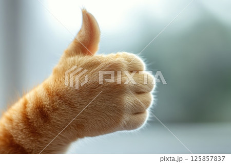 Cat showing thumbs up approval, symbol of honesty and trust check sign 125857837