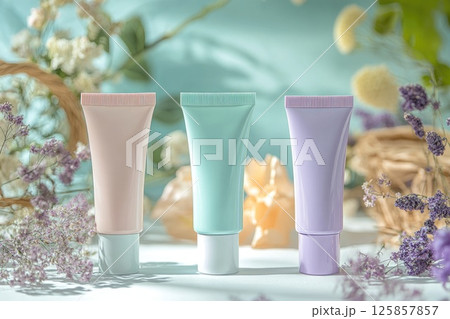 Three beauty cosmetic tubes pastel violet purple coral, pink mockup flowers Three beauty cosmetic tubes pastel violet purple coral, pink mockup flowers 125857857