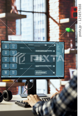 Person seated at desk communicating with AI LLM chatbot software in modern home office. Close up of large language model program interface on computer screen in bright apartment 125857888