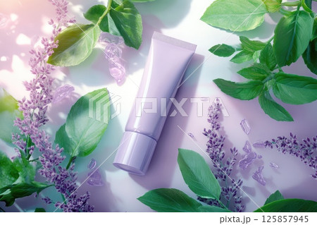 Top view package of beauty cosmetic tube violet purple pink mockup lilac flowers Top view package of beauty cosmetic tube violet purple pink mockup lilac flowers 125857945