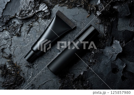Top view of two beauty cosmetic tube black silver premium colors mockup template 125857980