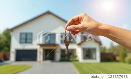 Hand holding house key in front of new home, real estate ownership concept Hand holding house key in front of new home, real estate ownership concept 125857988