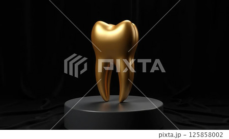Golden tooth on pedestal with black velvet background Golden tooth on pedestal with black velvet background 125858002