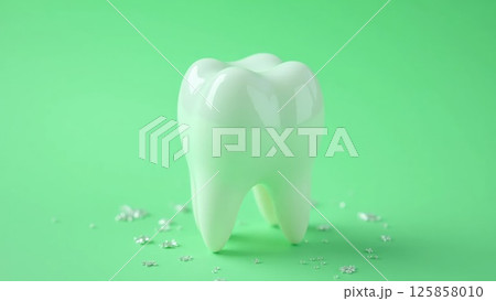 Glossy white tooth close-up with sparkles on green background Glossy white tooth close-up with sparkles on green background 125858010