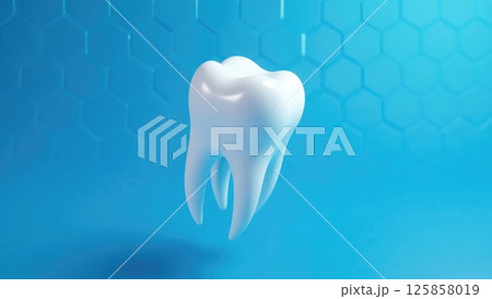 Shiny white tooth floating with a futuristic hexagonal pattern in the background 125858019