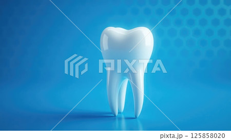 Shiny white tooth floating with a futuristic hexagonal pattern in the background 125858020