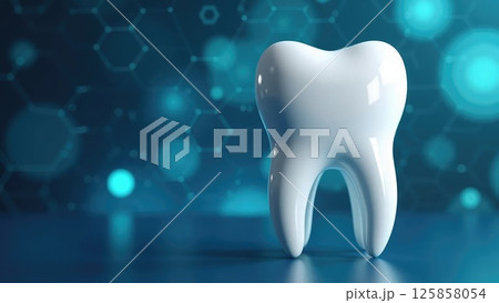 Shiny white tooth floating with a futuristic hexagonal pattern in the background 125858054