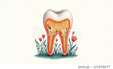 Artistic Tooth Cross-Section with Beautifully Integrated Floral Patterns 125858077