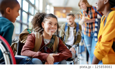young woman sits in a wheelchair wearing headphones and listening to music. young woman sits in a wheelchair wearing headphones and listening to music. 125858081