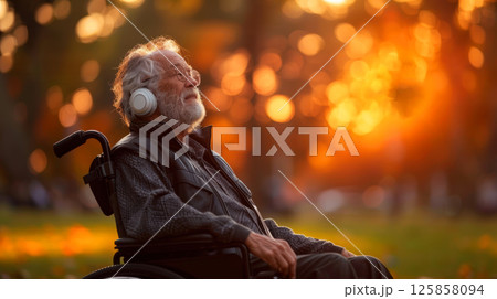 young woman sits in a wheelchair wearing headphones and listening to music. 125858094