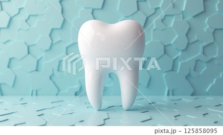 Shiny white tooth floating with a futuristic hexagonal pattern in the background Shiny white tooth floating with a futuristic hexagonal pattern in the background 125858095
