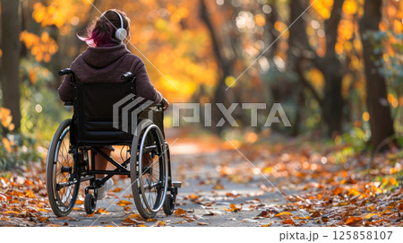 young woman sits in a wheelchair wearing headphones and listening to music. 125858107