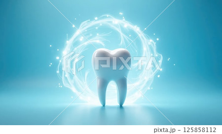 Gleaming white tooth with magical swirling light against a blue background Gleaming white tooth with magical swirling light against a blue background 125858112