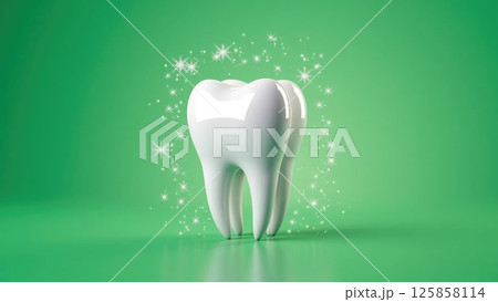 Glossy white tooth close-up with sparkles on green background 125858114