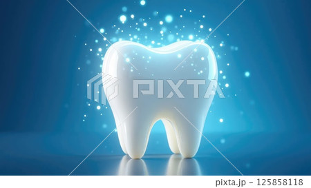 Gleaming white tooth with magical swirling light against a blue background Gleaming white tooth with magical swirling light against a blue background 125858118