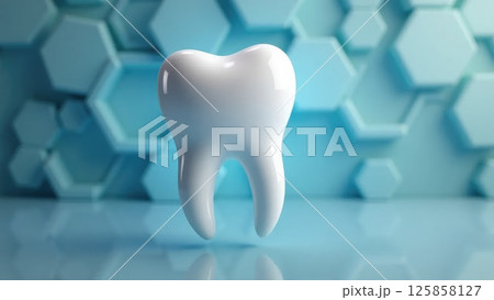 Shiny white tooth floating with a futuristic hexagonal pattern in the background 125858127
