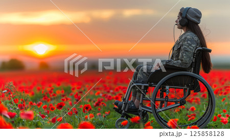 young woman sits in a wheelchair wearing headphones and listening to music. 125858128