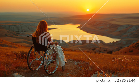 young woman sits in a wheelchair wearing headphones and listening to music. 125858144