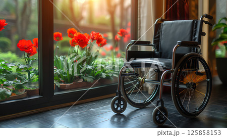 young woman sits in a wheelchair wearing headphones and listening to music. 125858153