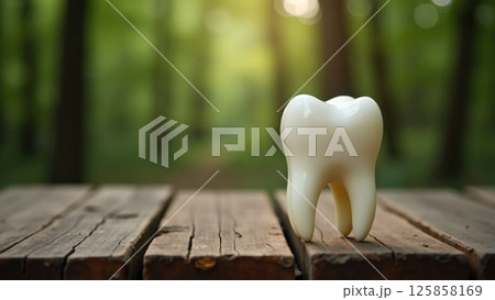 White tooth with wooden texture on a rustic table in forest background 125858169
