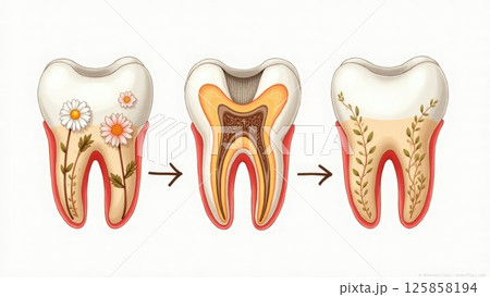 Artistic Tooth Cross-Section with Beautifully Integrated Floral Patterns Artistic Tooth Cross-Section with Beautifully Integrated Floral Patterns 125858194