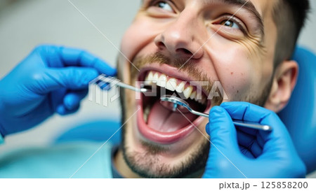 Close-up of Man's Smile During Dental Check-up with Dental Mirror 125858200