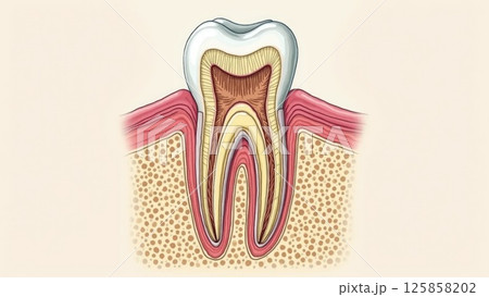 Detailed Cross-Section of Human Tooth Showing Root, Pulp, and Surrounding Bone 125858202