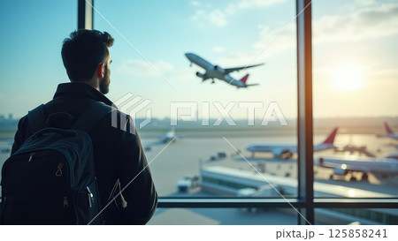 Traveler Watching Airplane Take Off at an Airport Terminal Window Traveler Watching Airplane Take Off at an Airport Terminal Window 125858241
