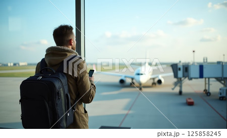 Traveler Watching Airplane Take Off at an Airport Terminal Window 125858245