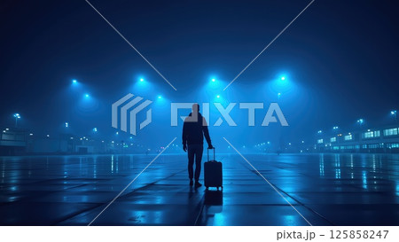 Traveler with Gray Suitcase in Blue-Lit Nighttime Airport Scene 125858247