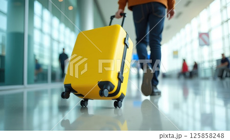 Traveler with Yellow Suitcase in a Modern Airport Terminal 125858248