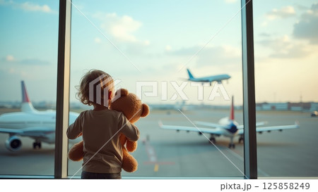 Child with Teddy Bear Watching Airplanes Through Airport Window 125858249