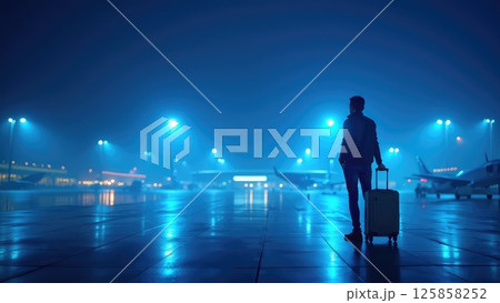 Traveler with Gray Suitcase in Blue-Lit Nighttime Airport Scene Traveler with Gray Suitcase in Blue-Lit Nighttime Airport Scene 125858252