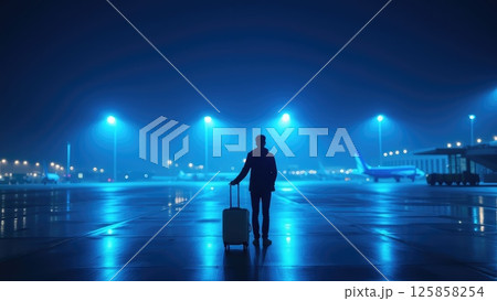 Traveler with Gray Suitcase in Blue-Lit Nighttime Airport Scene Traveler with Gray Suitcase in Blue-Lit Nighttime Airport Scene 125858254