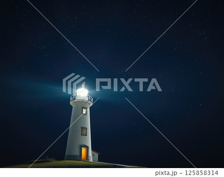Starry Night Sky with Guiding Lighthouse Beam Starry Night Sky with Guiding Lighthouse Beam 125858314