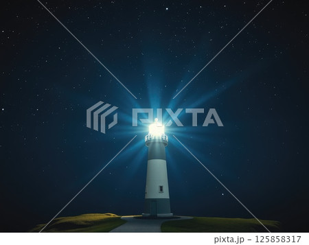 Starry Night Sky with Guiding Lighthouse Beam Starry Night Sky with Guiding Lighthouse Beam 125858317