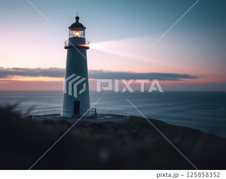 Lighthouse Beam at Tranquil Dusk or Dawn Lighthouse Beam at Tranquil Dusk or Dawn 125858352