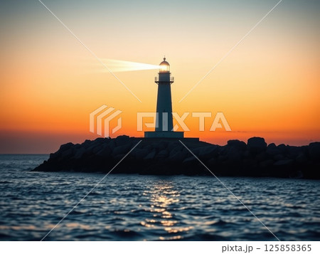 Powerful Lighthouse Beam at Golden Sunset or Sunrise 125858365