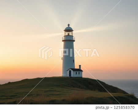 Lighthouse Beam at Tranquil Dusk or Dawn 125858370