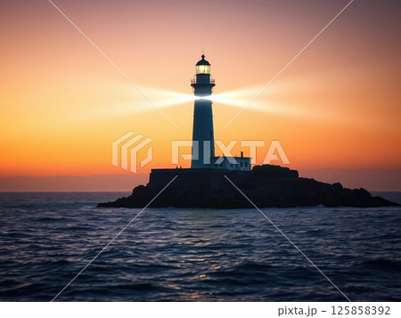 Powerful Lighthouse Beam at Golden Sunset or Sunrise 125858392