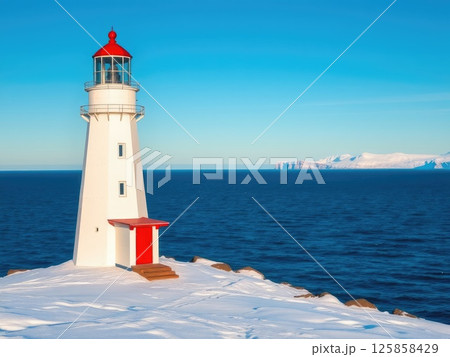 Snowy Coastal Lighthouse on a Winter Day 125858429