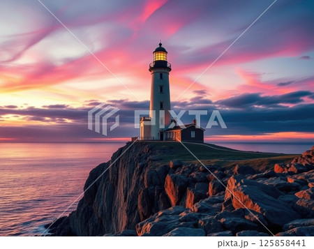Dramatic Twilight Lighthouse on Rocky Cliff Dramatic Twilight Lighthouse on Rocky Cliff 125858441