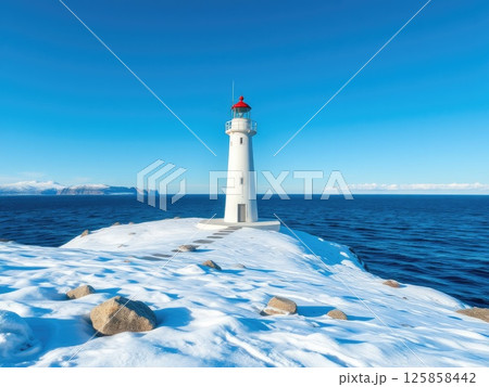 Snowy Coastal Lighthouse on a Winter Day 125858442