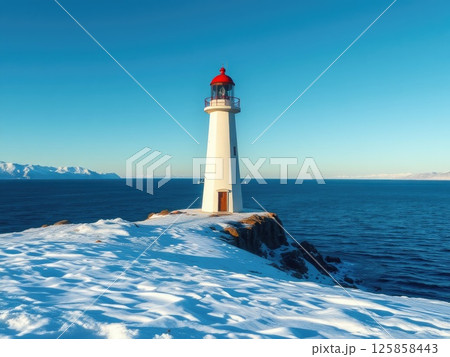 Snowy Coastal Lighthouse on a Winter Day 125858443