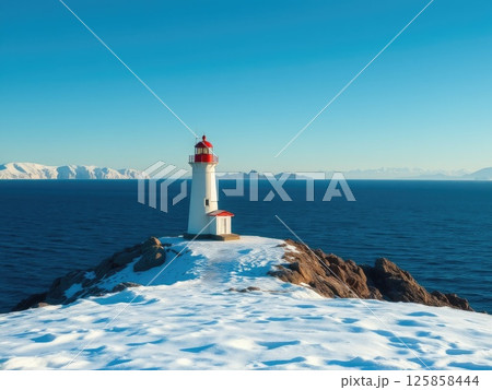Snowy Coastal Lighthouse on a Winter Day 125858444
