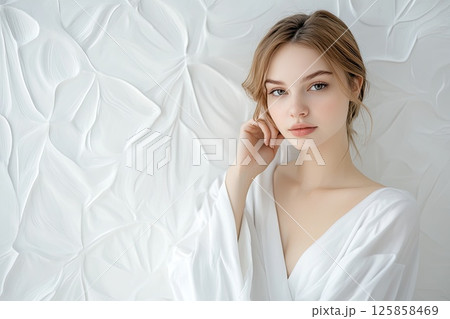 European girl white dress stand against white wall of fluttering fabric and silk 125858469